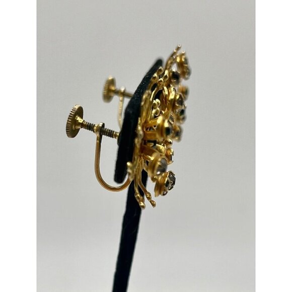 Vintage Gold Tone Cluster Starburst Statement Earrings Green Stones Twist Backs‎ - Picture 4 of 7